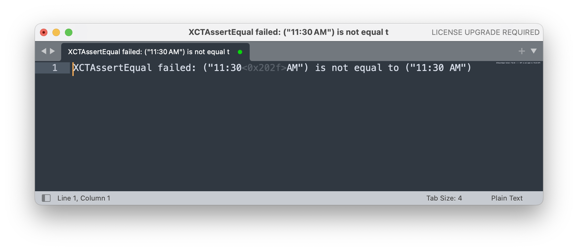 The same failure message pasted into BBEdit, which reveals the hidden <0x202f> narrow no-break space between the time and AM