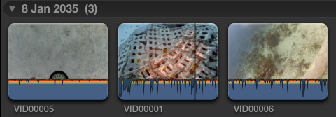 Final Cut’s event list showing three dive clips filed under 8 Jan 2035