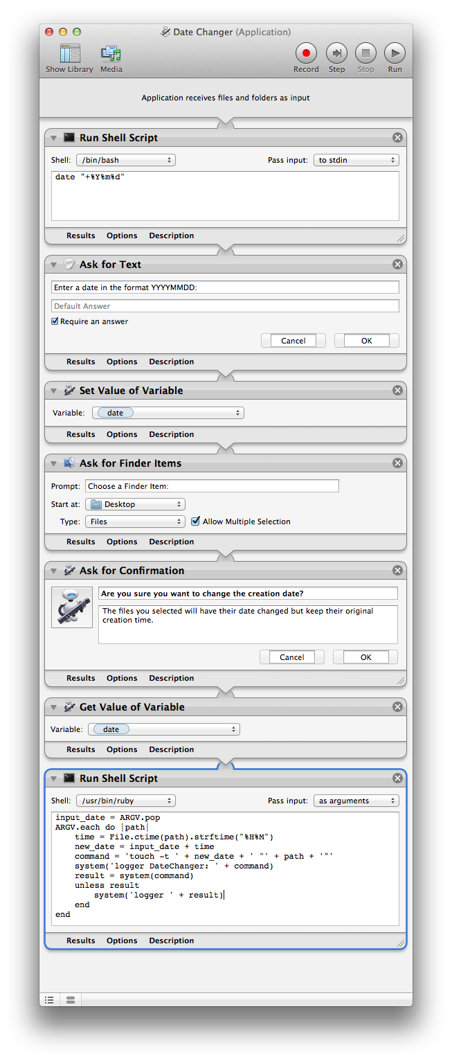 The Date Changer Automator workflow, ending in a Ruby script that touches each file’s creation date