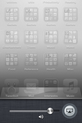 The iOS multitasking bar scrolled fully left, showing the AirPlay button next to the volume slider
