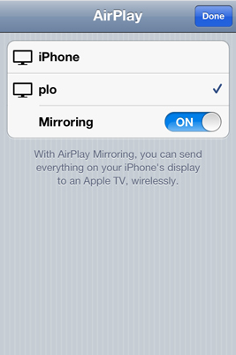 The AirPlay panel with the Mac “plo” selected and Mirroring switched on