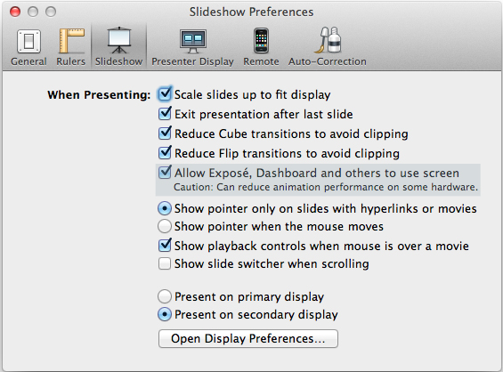 Keynote’s Slideshow preferences with “Allow Exposé, Dashboard and others to use screen” ticked