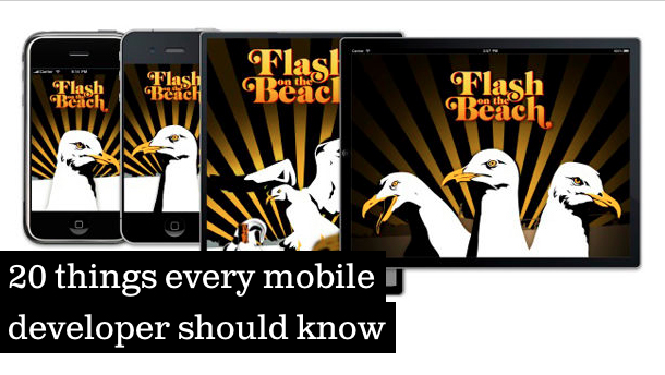 The fotb.me web app running on four iPhones and iPads, captioned “20 things every mobile developer should know”