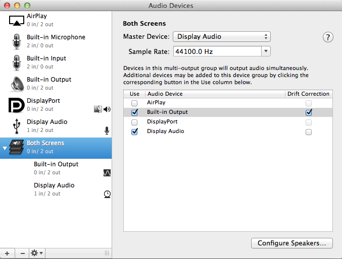 OS X Audio Devices with a “Both Screens” multi-output group combining Built-in Output and Display Audio