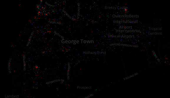 A dark map of George Town with coloured dots marking tweets, one colour per device type