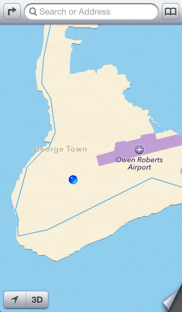 iOS 6 Maps showing Grand Cayman with a single road line across the island and Owen Roberts Airport marked