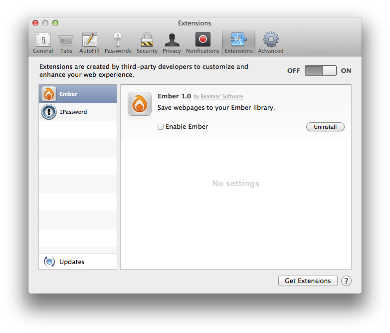 Safari’s Extensions preferences showing Ember 1.0 by Realmac Software, with Enable Ember unticked