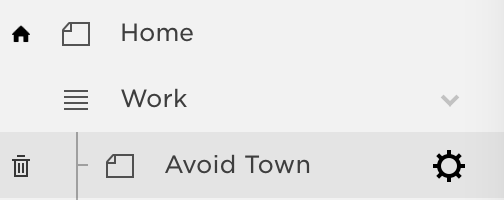 Squarespace's page list, with the Avoid Town page selected under Work