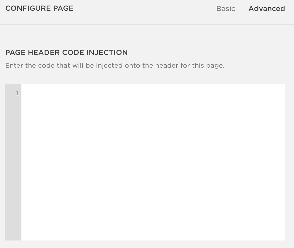 Squarespace's Configure Page panel on the Advanced tab, showing the empty Page Header Code Injection field