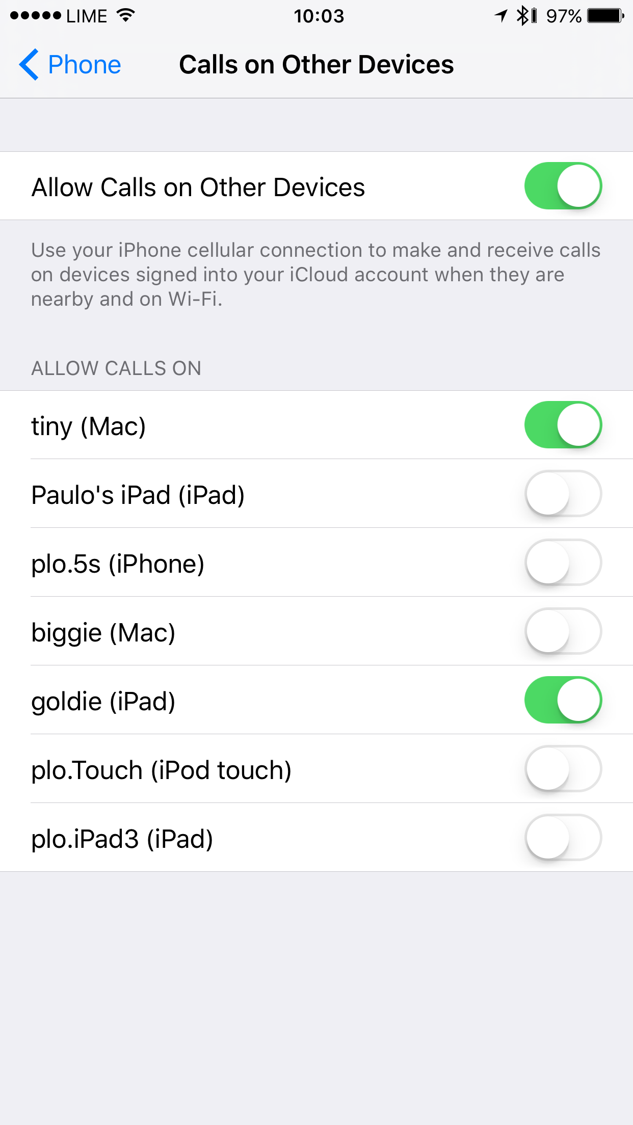 iOS Settings → Phone → Calls on Other Devices, with the feature on and only “tiny (Mac)” and “goldie (iPad)” enabled