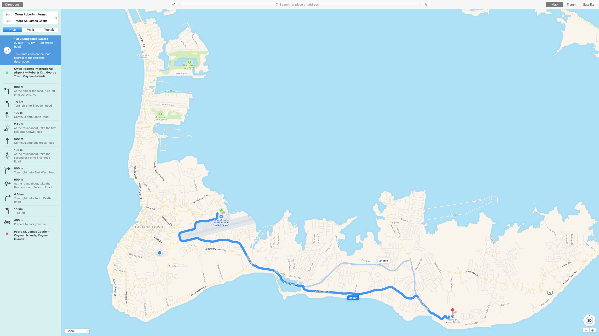 Apple Maps showing Grand Cayman with a full road network, and driving directions from Owen Roberts airport to Pedro St. James Castle