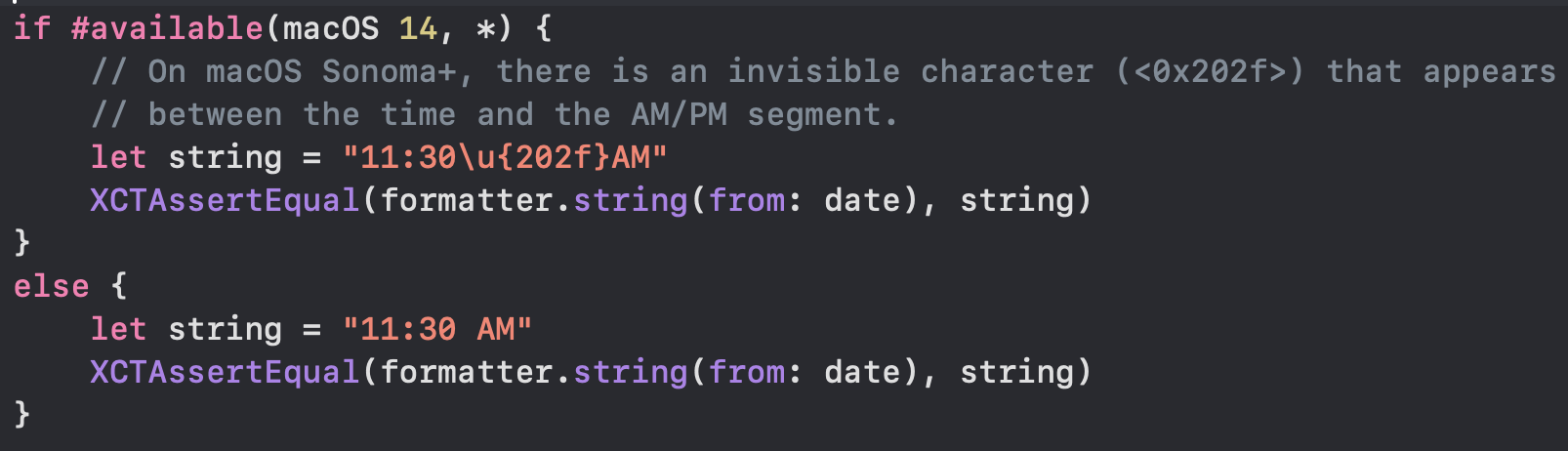 The same test with the macOS 14 branch fixed to use “11:30\u{202f}AM”, spelling out the narrow no-break space