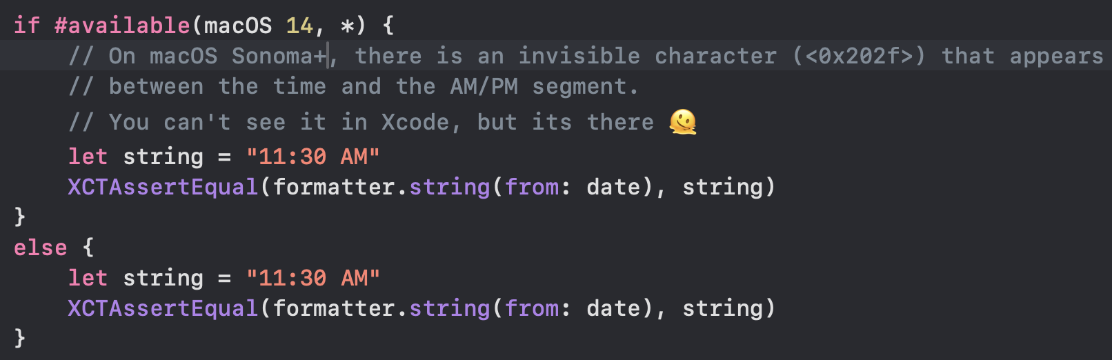 Swift test code comparing a formatted date against the literal string “11:30 AM” on macOS 14 and earlier
